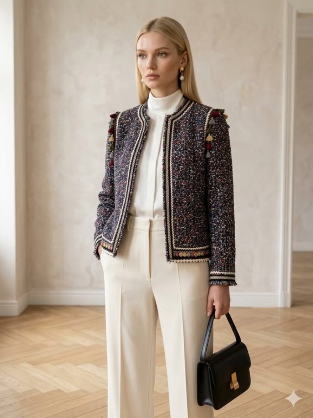 Zara Multicolor Bouclé Tweed Jacket Skirt Set With Tassels Jewel Trim Size Small